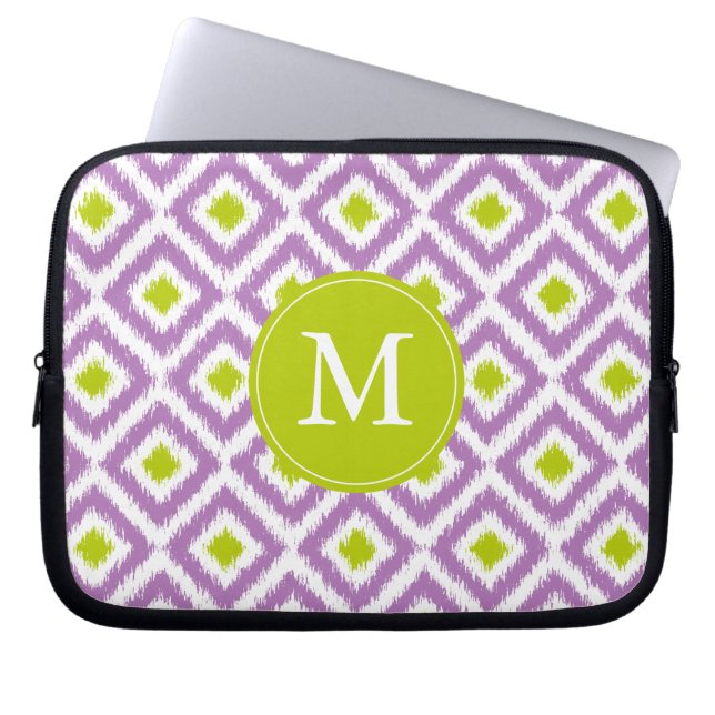 Monogrammed Purple Green Diamond Ikat Pattern Laptop Sleeve (Front)
