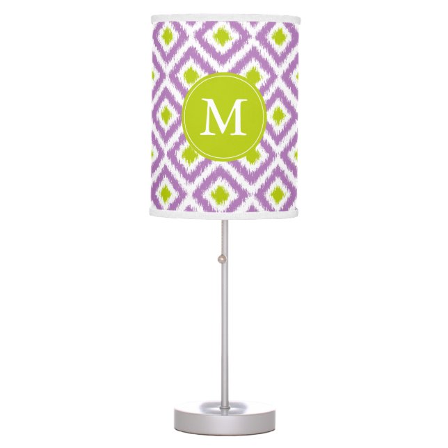 Monogrammed Purple Green Diamonds Ikat Pattern Table Lamp (Front)