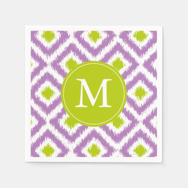Monogrammed Purple Green Ikat Pattern Napkins (Front)