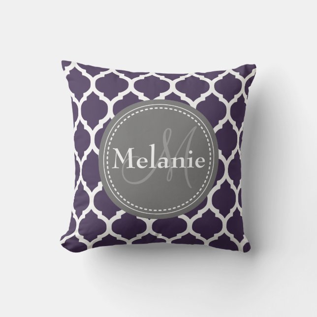 Monogrammed Purple & Grey Quatrefoil Throw Pillow (Front)