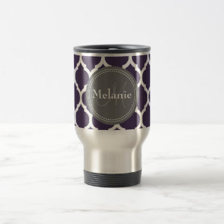 Monogrammed Purple & Grey Quatrefoil Travel Mug