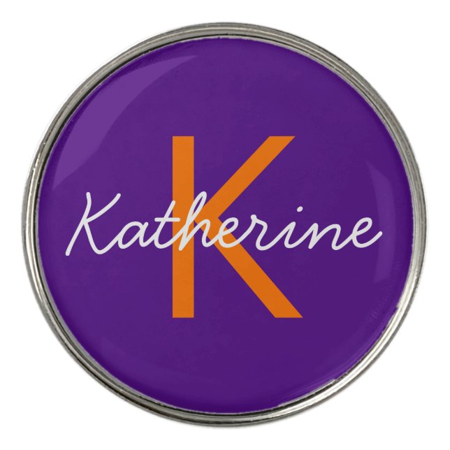 Monogrammed Purple Orange Script Golf Ball Marker (Front)