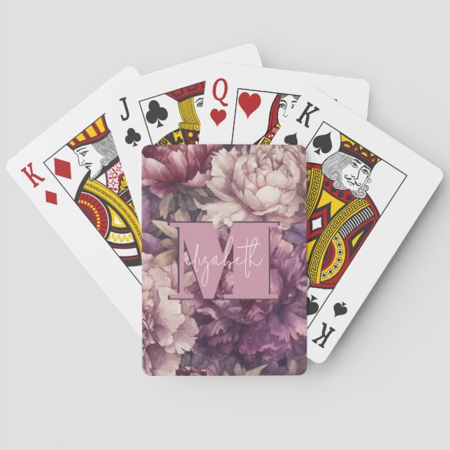 Monogrammed Purple Peonies Poker Cards (Back)