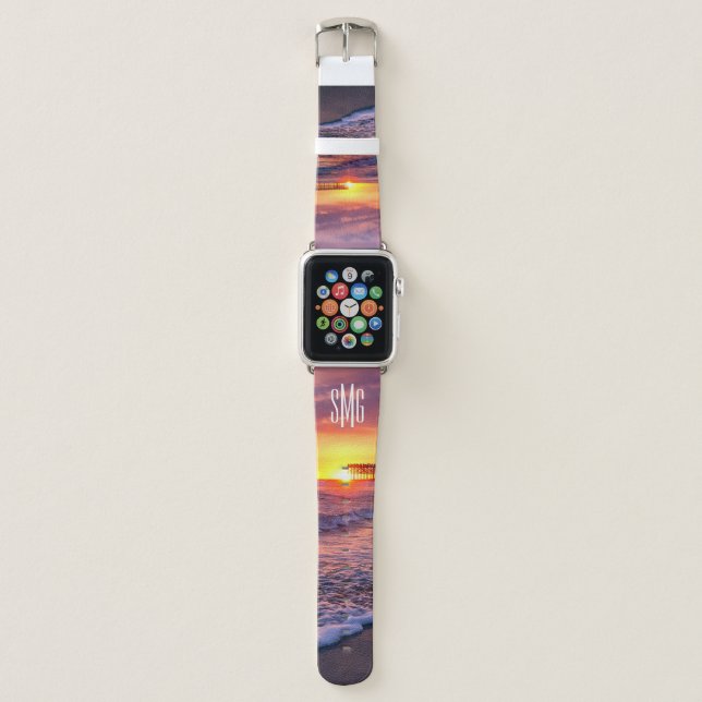 Monogrammed Purple Pink Beach Sunset San Diego Apple Watch Band (Front)