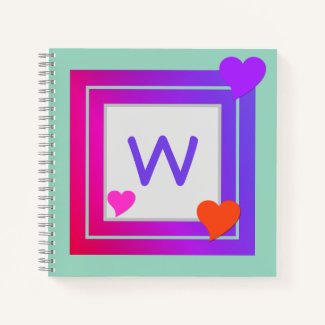 Monogrammed Purple Pink Orange Red Hearts on Teal