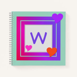 Monogrammed Purple Pink Orange Red Hearts on Teal Notebook