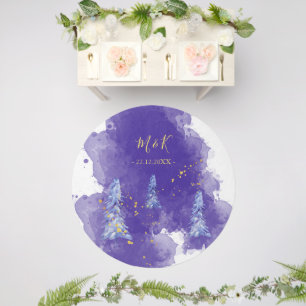 Monogrammed Purple Tree Golden Snowflakes Outdoor Rug