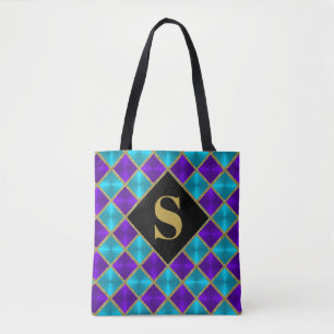 Monogrammed Purple Turquoise Gold Glitter Tote Bag