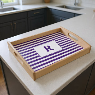 Monogrammed Purple/White Stripes Serving Tray