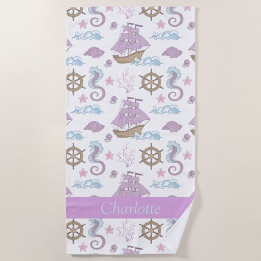 Monogrammed Purple White Teal Seahorse and Ship