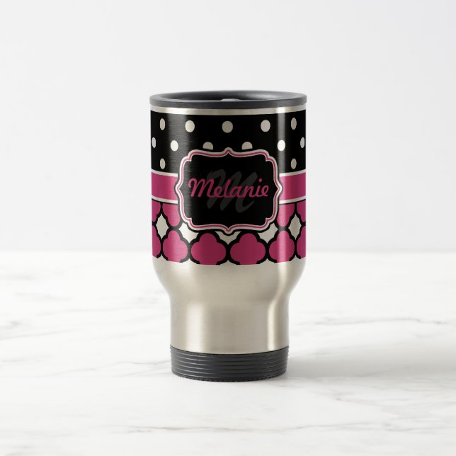 Monogrammed Quatrefoil Lattice Polka Dot Travel Mug (Center)