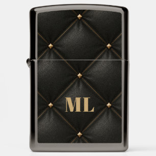 Monogrammed Quilt Black Leather with Gold Studs Zippo Lighter