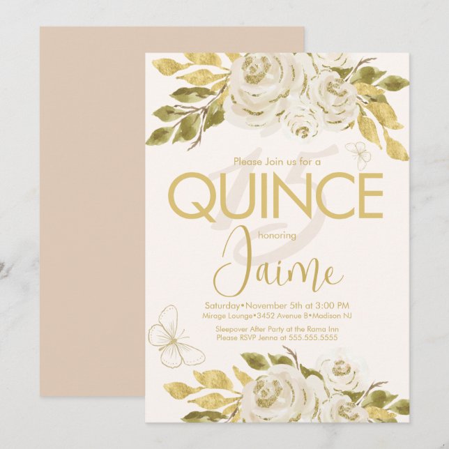 Monogrammed Quince Ivory Rose Pink Florals Invitation (Front/Back)