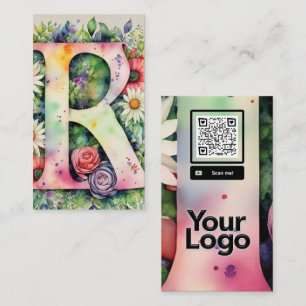 Monogrammed R Daisy Floral Watercolor QR Code Logo Business Card