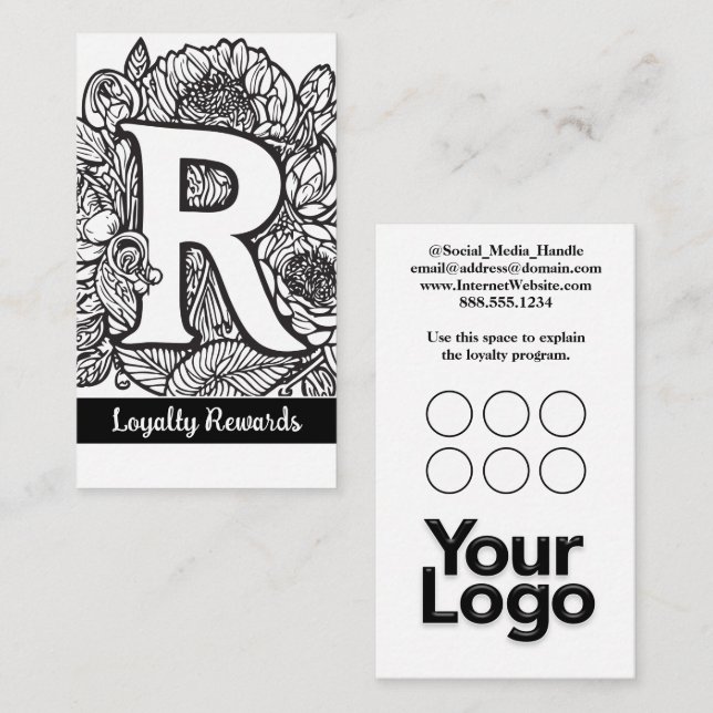 Monogrammed R Floral Black and White Company Logo  Business Card (Front/Back)