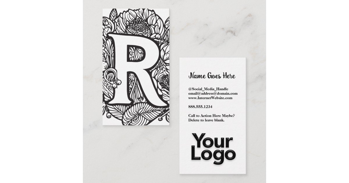 Monogrammed R Floral Black and White Company Logo Business Card | Zazzle