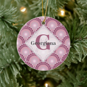 Monogrammed Radiant Pinks Dusky Rose Dot Mandala Ceramic Ornament