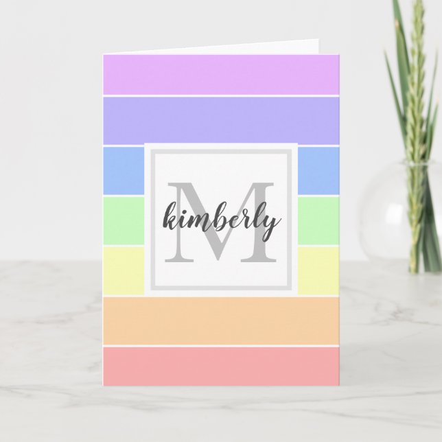 Monogrammed Rainbow Colorful Stripes Pattern Card (Front)