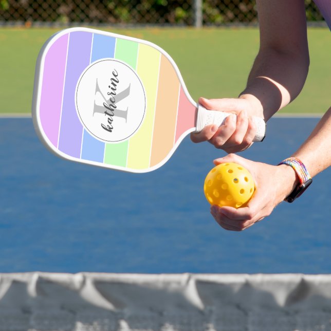 Monogrammed Rainbow Colorful Stripes Pattern Pickleball Paddle (Insitu)