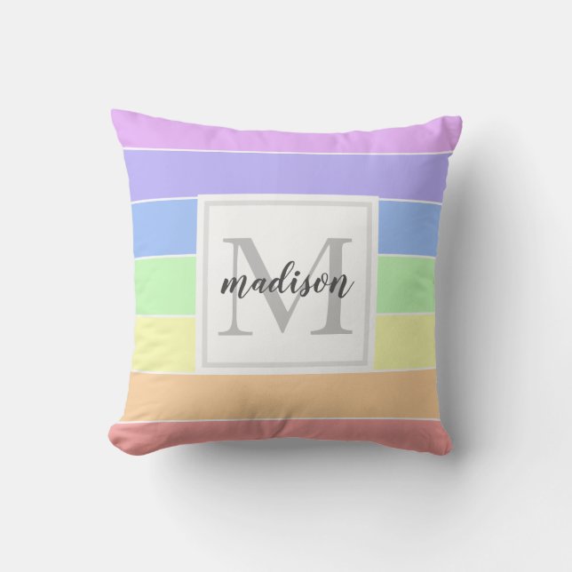 Monogrammed Rainbow Colorful Stripes Pattern Throw Pillow (Front)