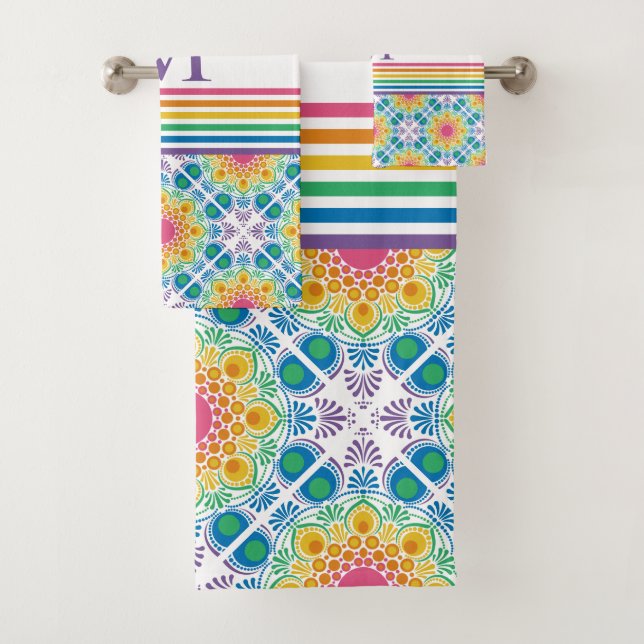Monogrammed Rainbow Floral Fountain Diamond Tile Bath Towel Set (Insitu)
