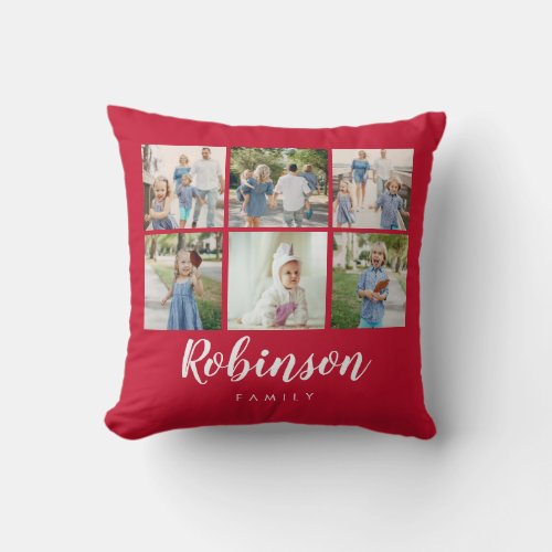 Monogrammed Red 6 Photo Collage Classic Family Throw Pillow