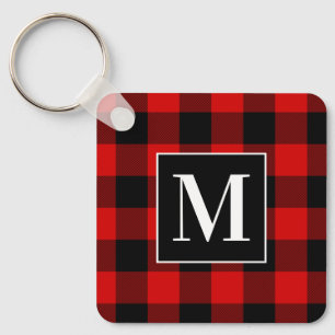 Monogrammed Red and Black Buffalo Plaid Keychain