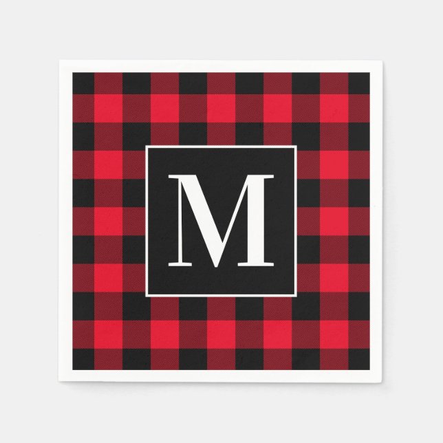Monogrammed Red and Black Buffalo Plaid Napkins (Front)