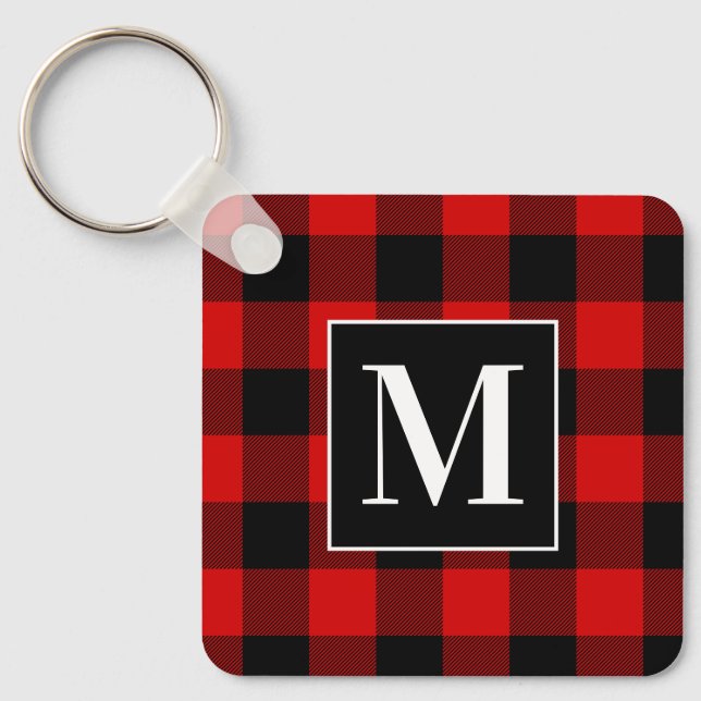 Monogrammed Red and Black Buffalo Plaid Photo Keychain (Front)