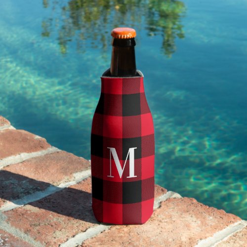 Monogrammed Red and Black Lumberjack Buffalo Plaid Bottle Cooler