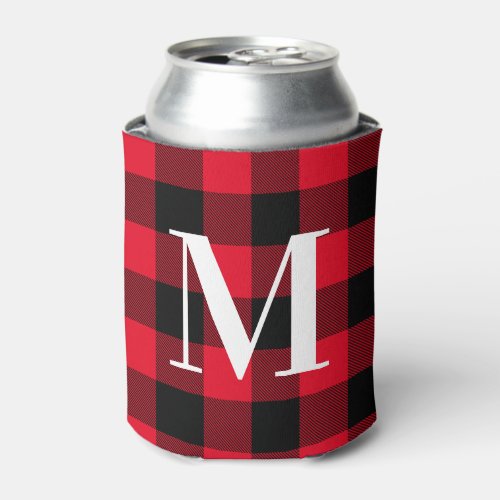 Monogrammed Red and Black Lumberjack Buffalo Plaid Can Cooler