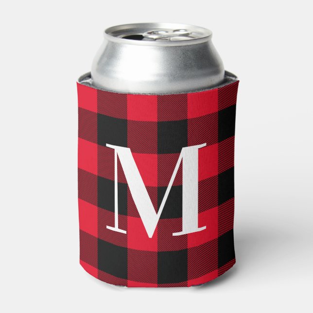 Monogrammed Red and Black Lumberjack Buffalo Plaid Can Cooler (Can Front)