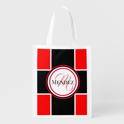 Monogrammed Red And Black Reusable Tote Bag