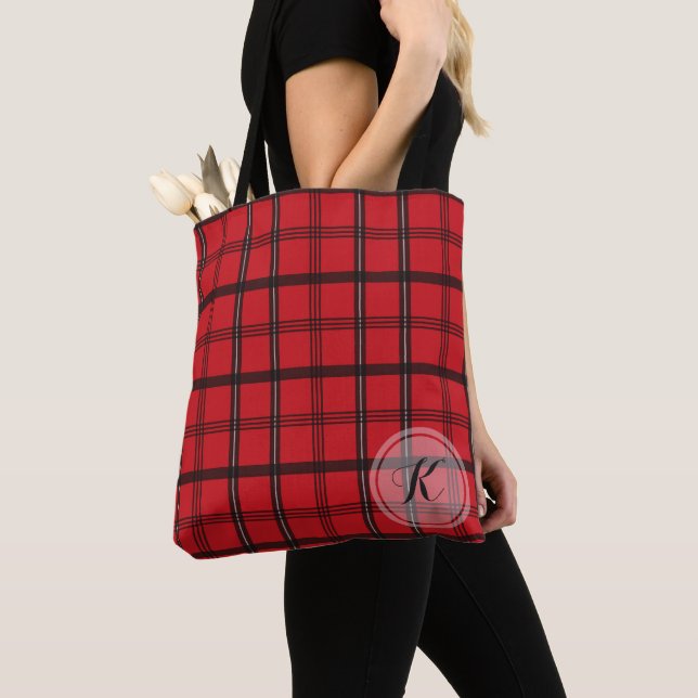 Monogrammed Red and Black Tartan Plaid Tote Bag (Close Up)