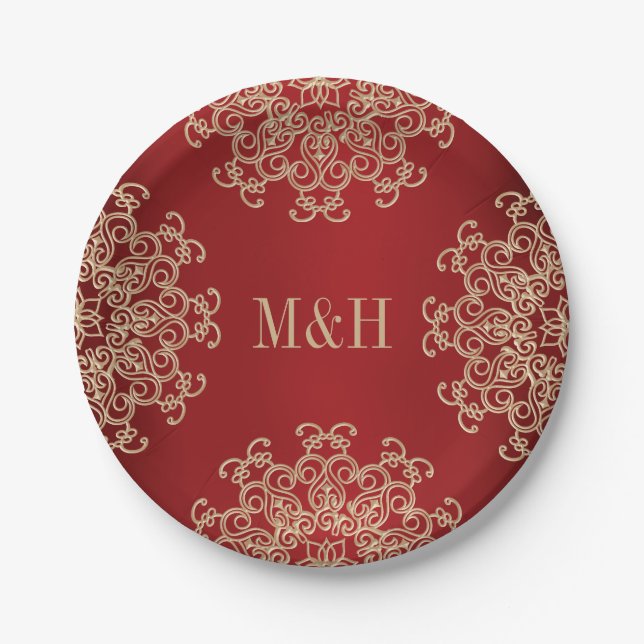 Monogrammed Red and Gold Indian Style Wedding Paper Plates (Front)