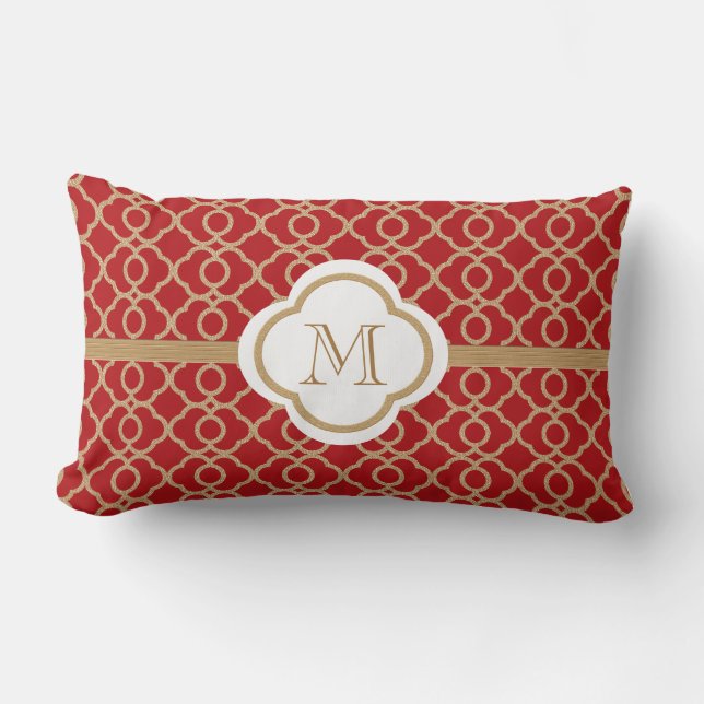 Monogrammed Red and Gold Moroccan Lumbar Pillow (Front)
