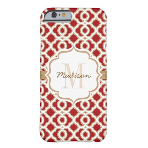 Monogrammed Red and Gold Quatrefoil Barely There iPhone 6 Case