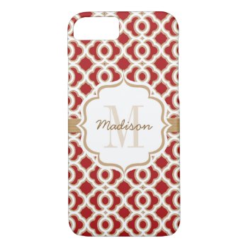 Monogrammed Red And Gold Quatrefoil Iphone 8/7 Case by cutecases at Zazzle