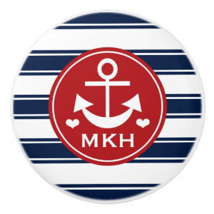 Monogrammed Red and Navy Anchor Ceramic Knob