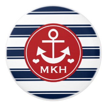 Monogrammed Red And Navy Anchor Ceramic Knob by cutecustomgifts at Zazzle