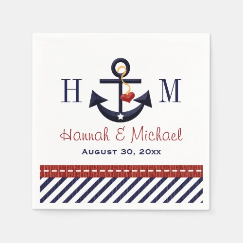 Monogrammed Red and Navy Anchor Nautical Wedding Napkins