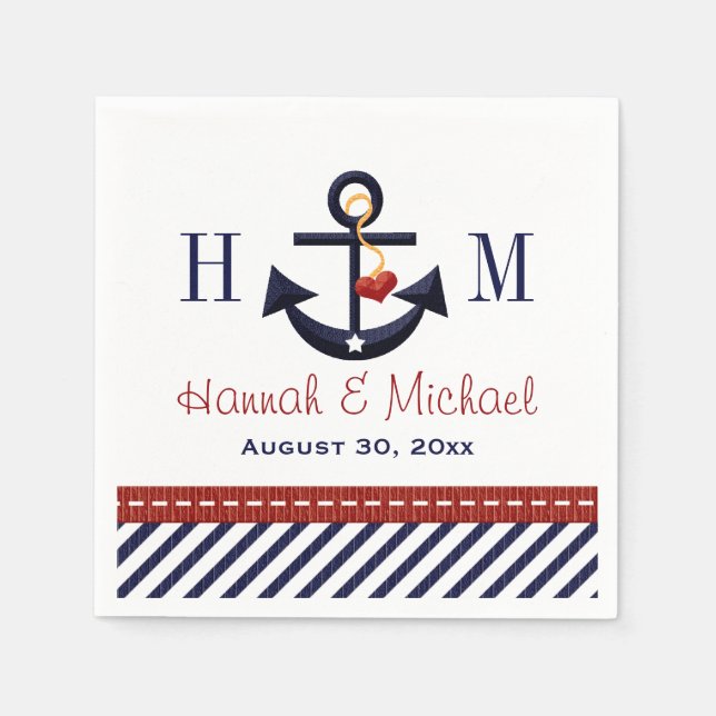Monogrammed Red and Navy Anchor Nautical Wedding Napkins (Front)