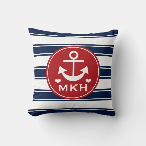 Monogrammed Red and Navy Blue Anchor Throw Pillow