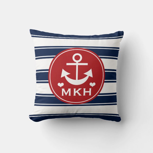 Monogrammed Red and Navy Blue Anchor Throw Pillow (Front)
