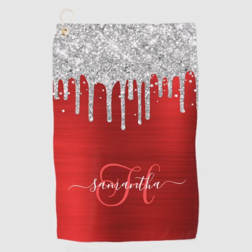 Monogrammed Red and Silver Dripping Glitter Golf Towel