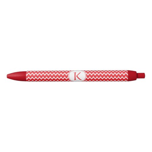 Monogrammed Red and White Chevron Pattern Black Ink Pen