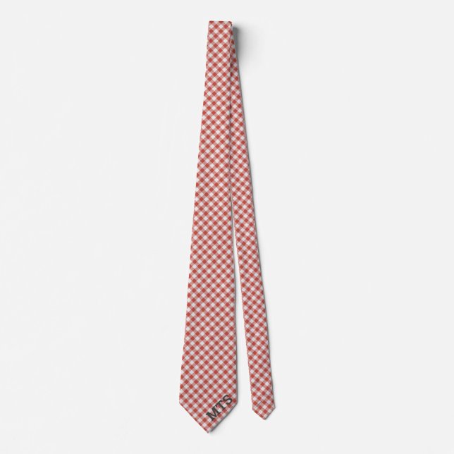 Monogrammed Red and White Gingham Checked Casual Neck Tie (Front)