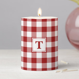 Monogrammed Red and White Gingham Plaid Pattern Pillar Candle