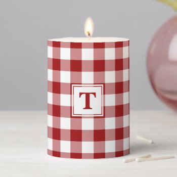 Monogrammed Red And White Gingham Plaid Pattern Pillar Candle by RocklawnArts at Zazzle