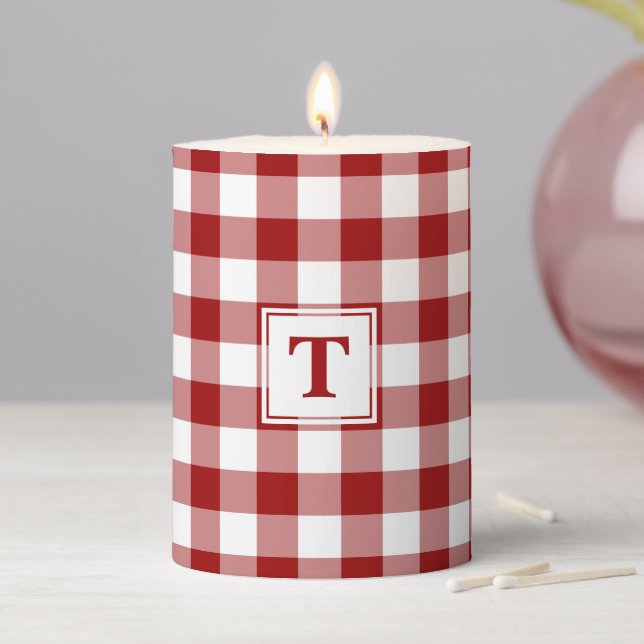 Monogrammed Red and White Gingham Plaid Pattern Pillar Candle (In Situ)